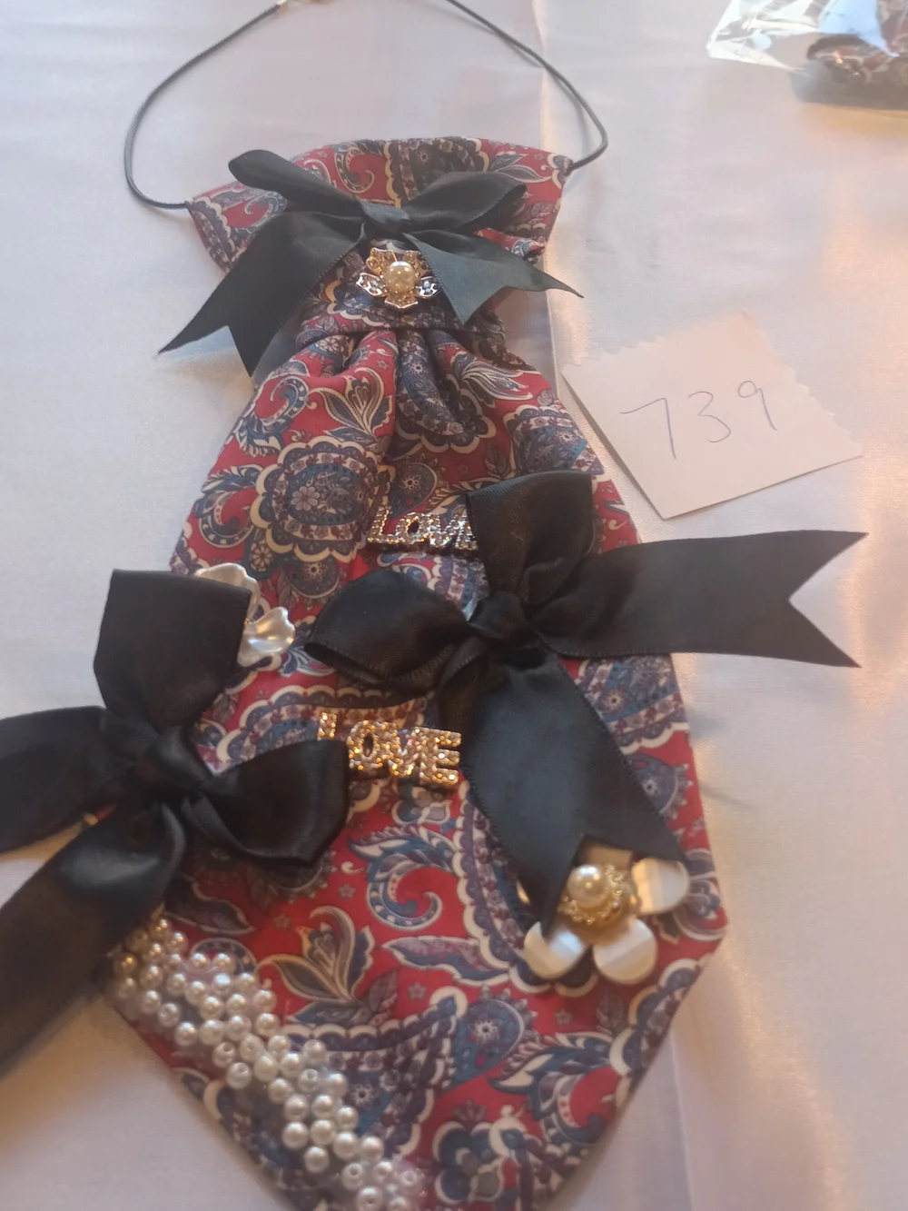 Cranberry  Red Paisley JunkTie Necklace with Black Ribbon and Pearl Accents